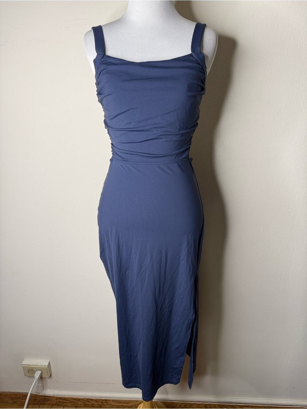 Halara Navy Ruched Lace Up Bodycon Midi Dress